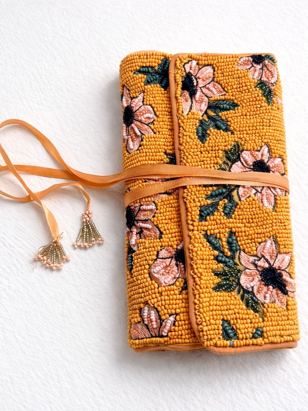 Anthropologie Mustard Beaded Floral Clutch with Ribbon Tie